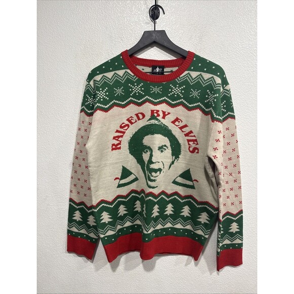 Buddy The Elf men’s M ugly Christmas sweater Raised By Elves ! - Picture 1 of 8